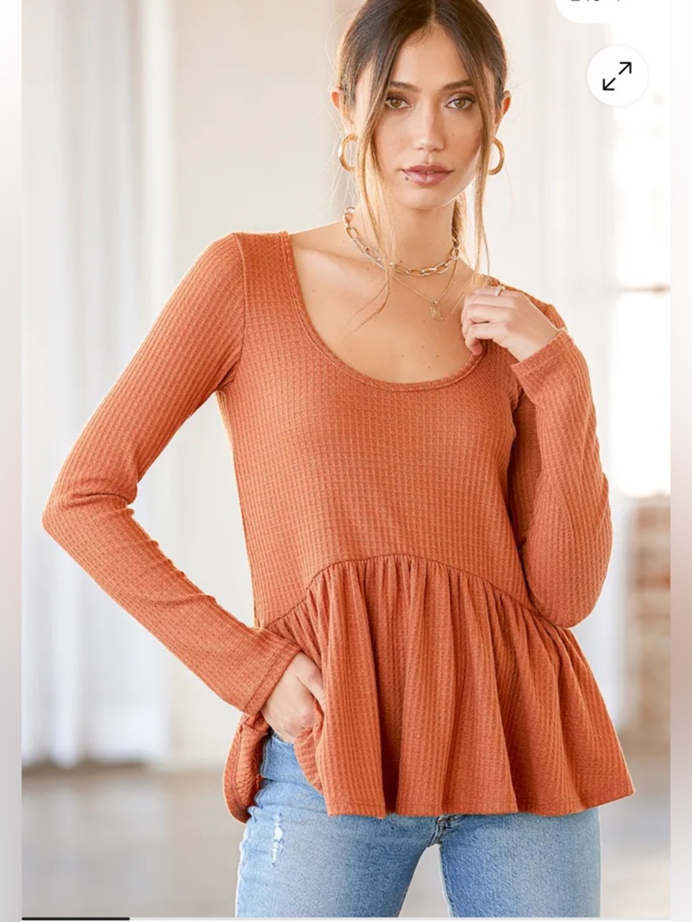 Lulu's Women’s S Rust Orange Waffle Knit Scoop Neck LS Babydoll Peplum Top EUC
